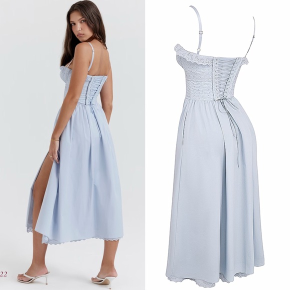 House of CB Jaime soft blue cotton broderie Anglais midi sundress - Picture 4 of 16